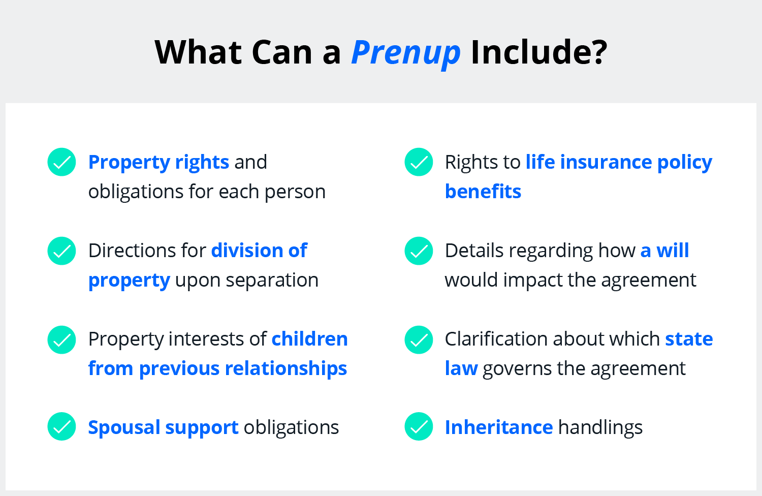  A checklist shows items what a prenup can cover, including: Property rights and obligations for each person, directions for division of property upon separation, property interests of children from previous relationships, spousal support obligations, rights to life insurance policy benefits, details regarding how a will would impact the agreement, clarifications about which state law governs the agreement, and inheritance handlings.