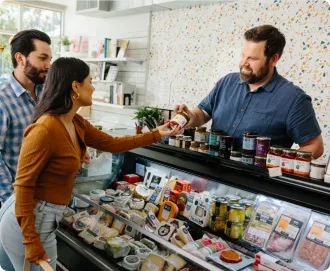 A couple; A Latin woman with long brown hair wearing a rust brown shirt and jeans  standing next to a brunette white man with a short beard wearing a blue and white checkered shirt with black jeans. They are buying ingredients for a charcuterie board. The store owner a, white man with short dark hair and a beard wearing a denim shirt is helping them with their purchase after using LegalZoom for his business needs.