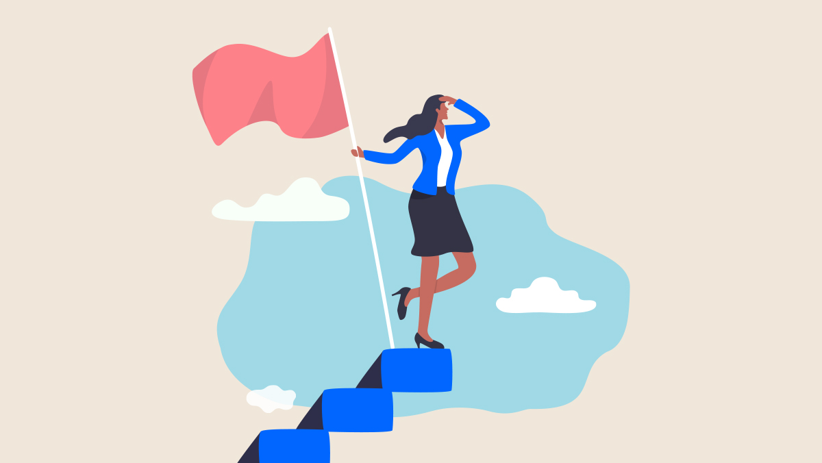 A woman plants a red flag at the top of a staircase in the clouds.
