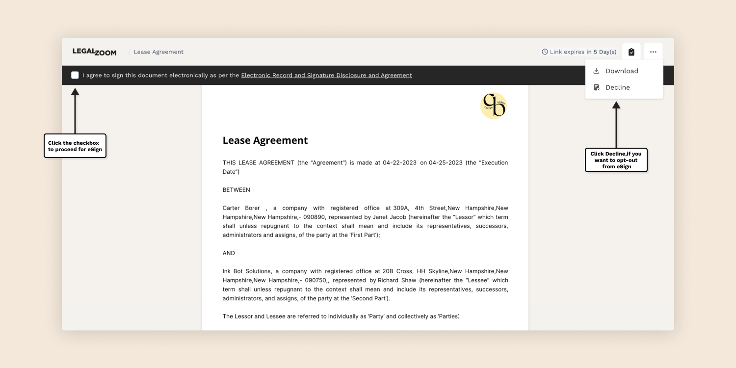 To proceed with the eSigning process in LegalZoom, the signer has to agree to sign the electronic document by clicking the box icon placed on top of the page.