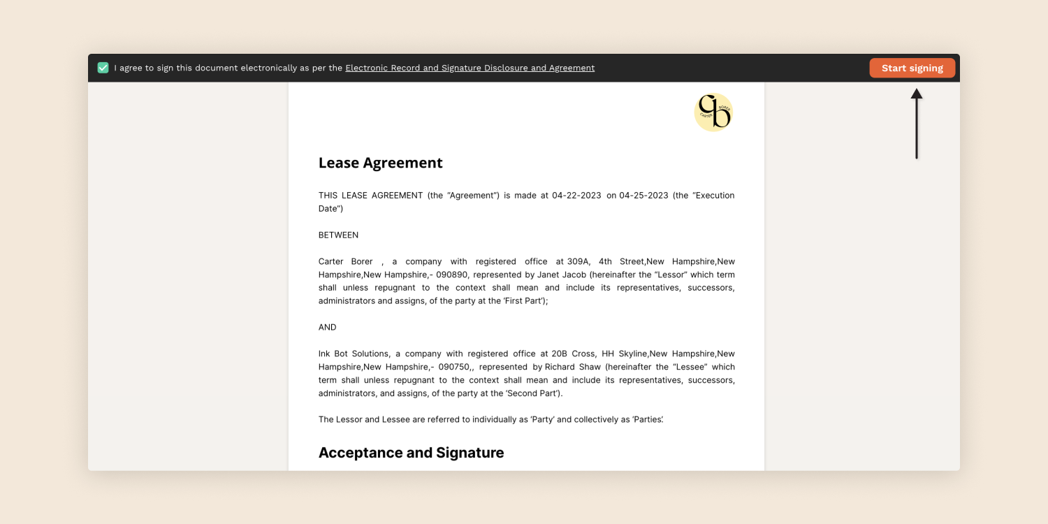 To sign PDF, a signer has to click the 'Start signing' button to add signature.
