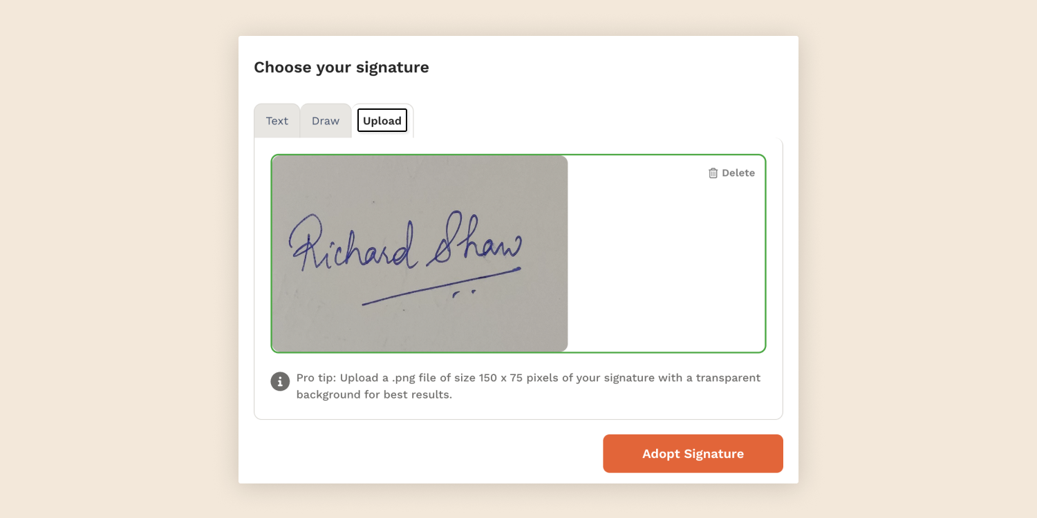 When signing digital documents with LZ eSignature service, among other options, you also choose to upload a .jpeg or .png file of your handwritten signature.