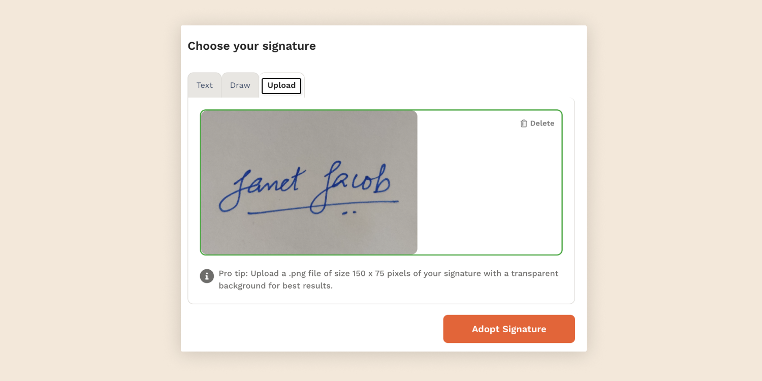 Signers can use the 'Upload' option if they want the exact handwritten signatures on their documents.