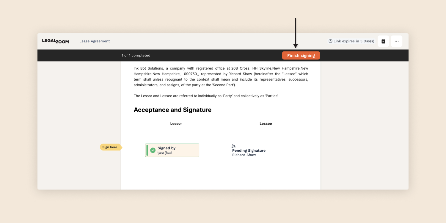 A signer has to click the 'Finish signing' button once all signature fields have been completed.