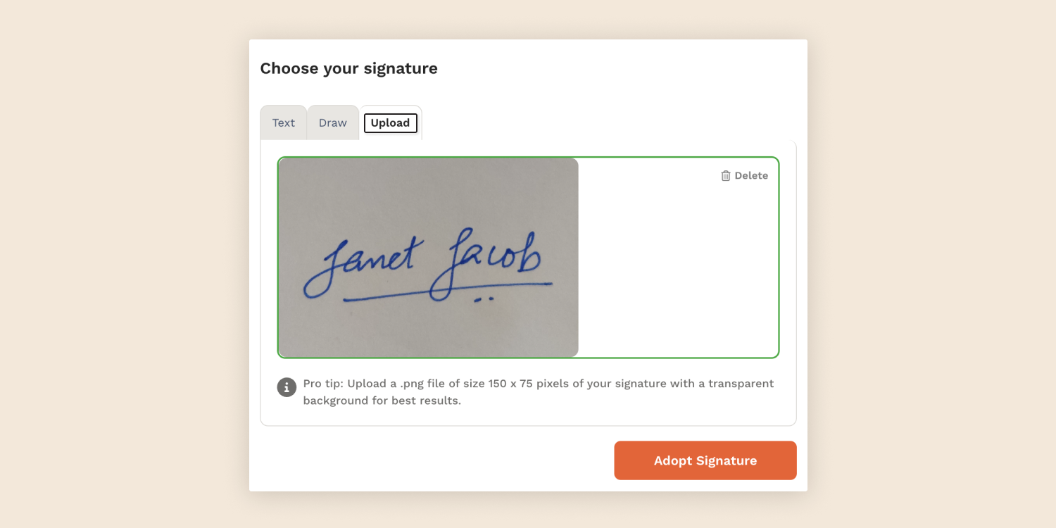 LegalZoom eSignature service allows you to sign documents just like your wet signature. For that, use a mobile device to scan your handwritten signature. Save it as an image file and upload it.