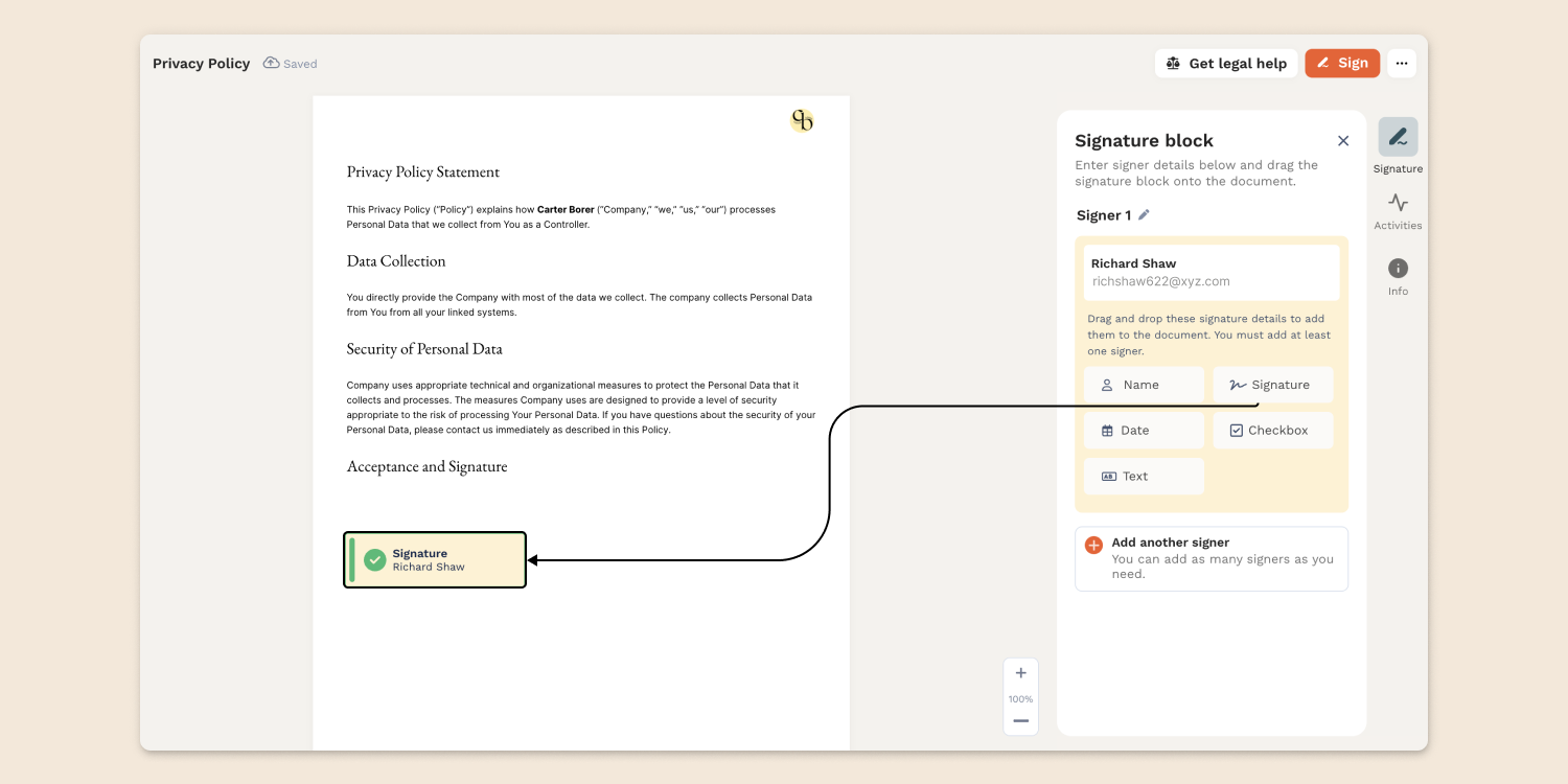 Along with your signatures, a Signature block tag allows you to save additional details, including your name and date when you signed the document.