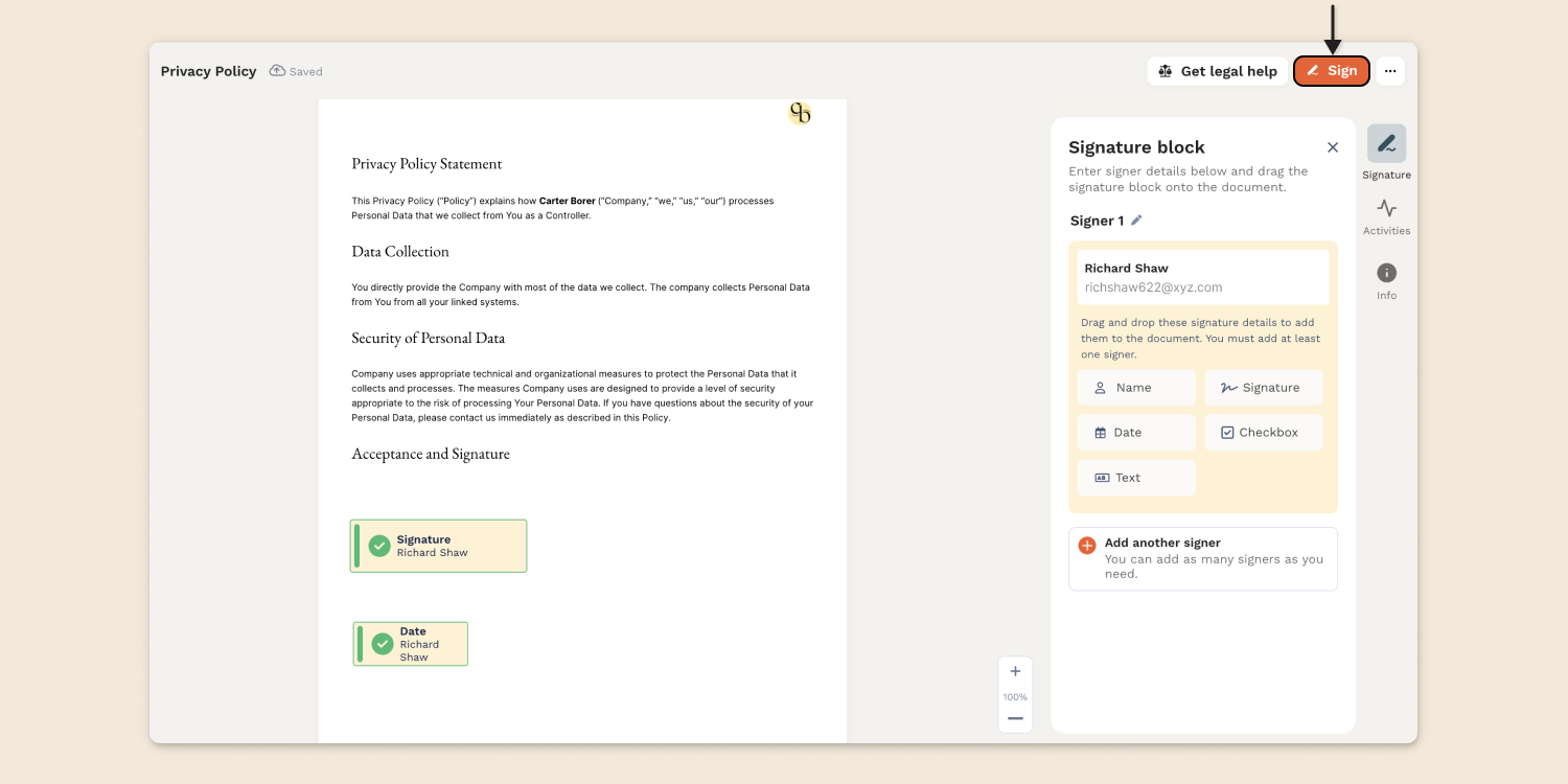 Creating signatures with LegalZoom: Upload your PDF file, add signature boxes, and hit the “Sign” button to add your signature.
