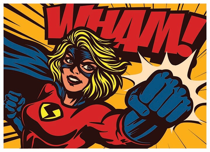 Blonde female superhero punching air with giant red words "wham" above her head
