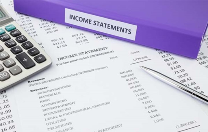 Binder saying "income statements" and calculator on income statement