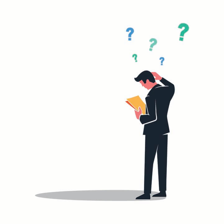 illustration man holding paperwork and asking questions 
