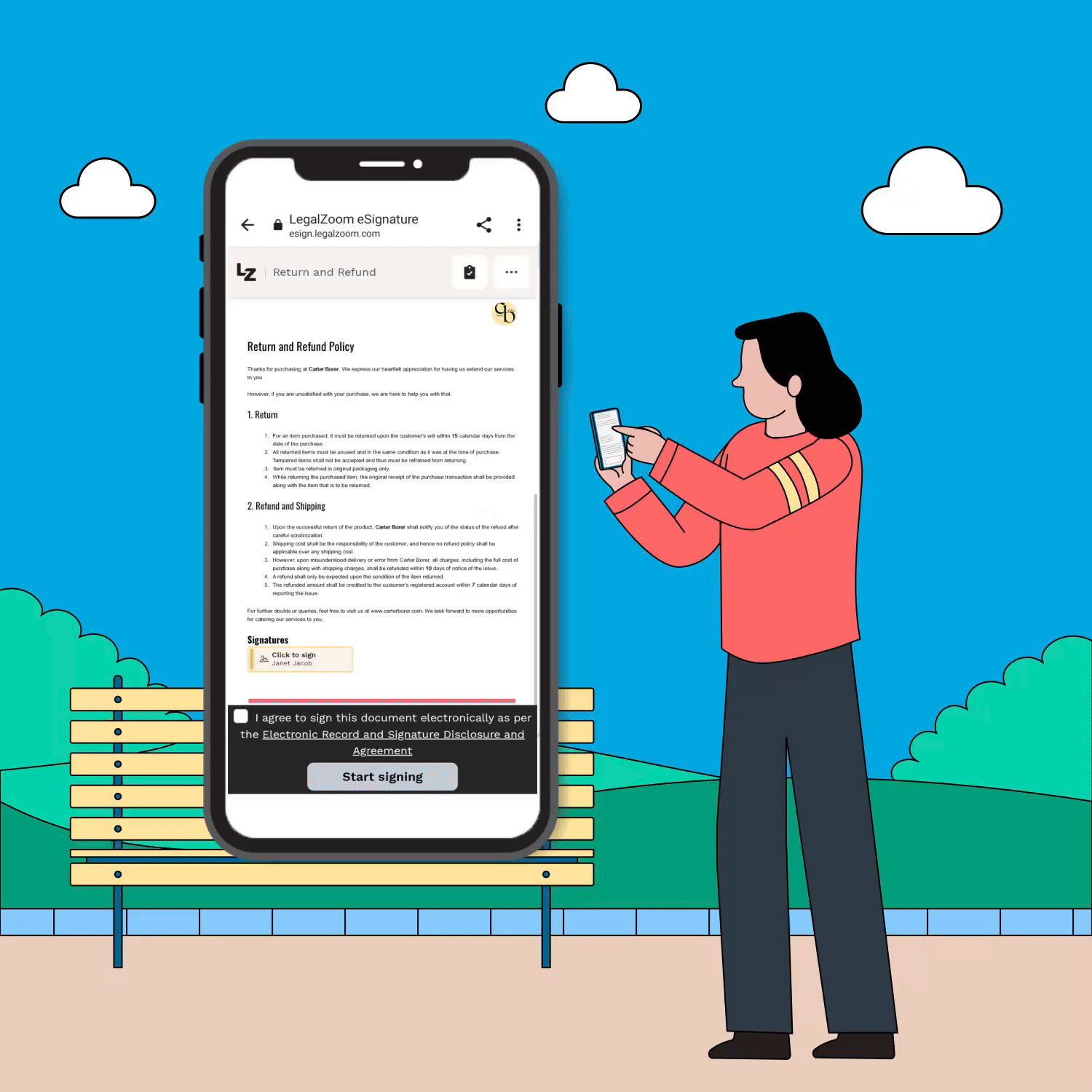 Easily sign documents from your phone using LegalZoom eSignature service.