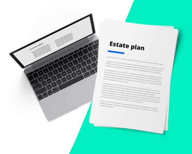 Next to a laptop, a document with the words "estate plan" on it.