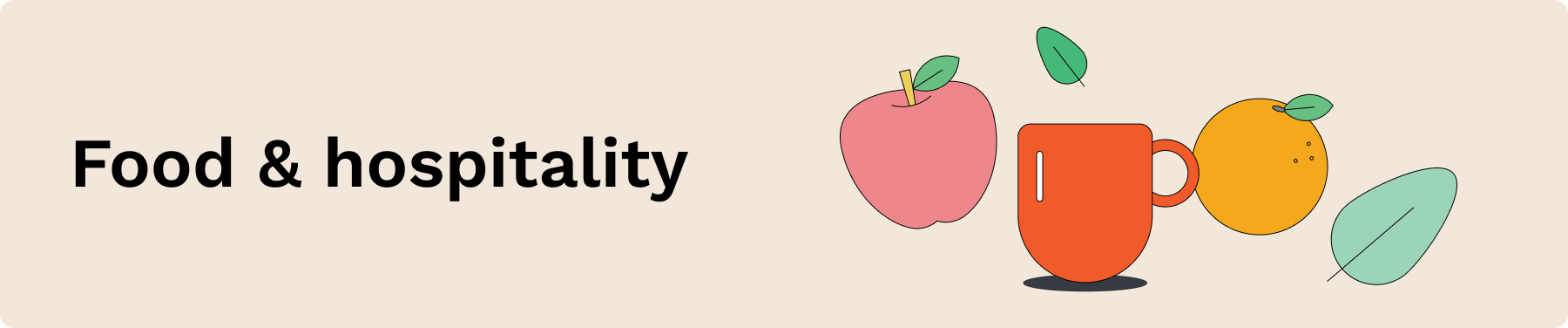 An apple, a mug, an orange, and a leaf represent hospitality.