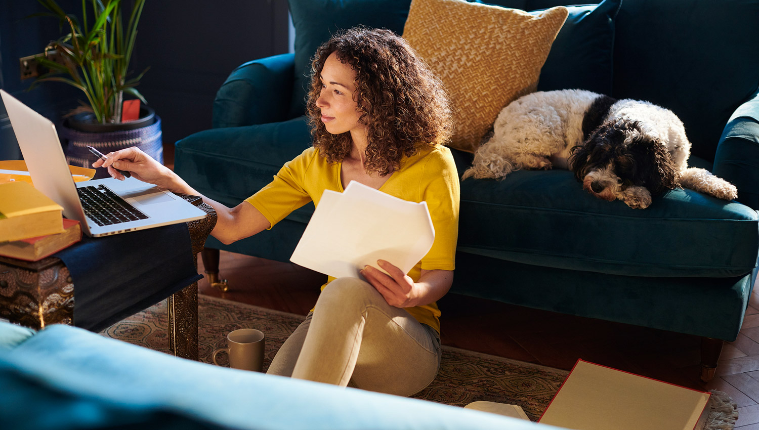 A woman sitting on the floor looks at her open laptop on a coffee table as her dog stretches out on a couch. Follow the steps in this article to avoid an audit.
