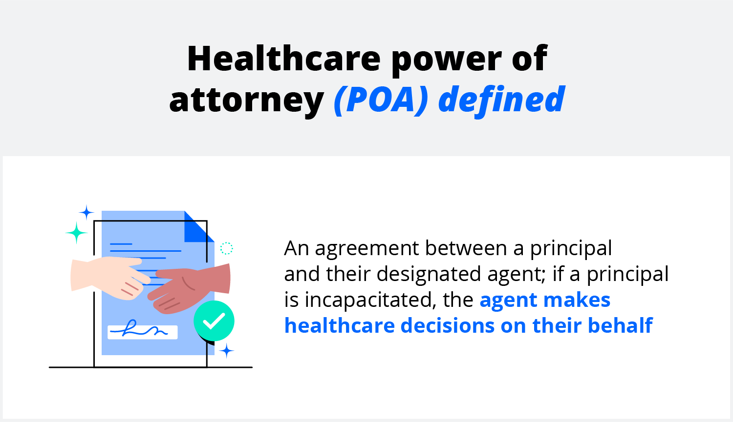 Healthcare power of attorney (POA) defined. An agreement between a principal and their designated agent; if a principal is incapacitated, the agent makes healthcare decisions on their behalf.
