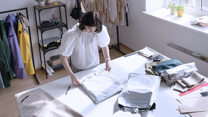 woman in white shirt packing orders in her home office 
