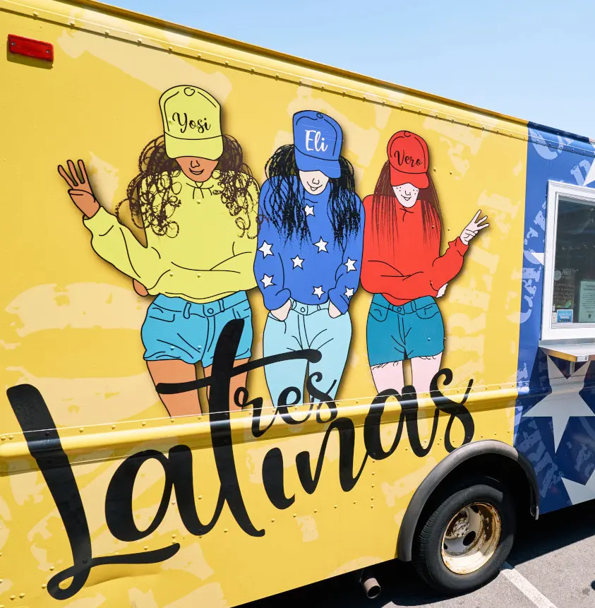 Yellow food truck for Tres Latinas, a Venezuelan food truck that specializes in arepas, after registering their DBA for their business with LegalZoom.