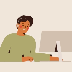 Illustration of a male customer service agent wearing a headset and sitting in front of his computer, smiling as he helps a customer get started on forming an LLC.