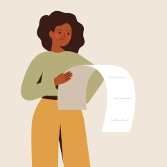 Illustration of a woman with dark hair wearing a green shirt and brown pants smiling as she reads the operating agreement for her new LLC.