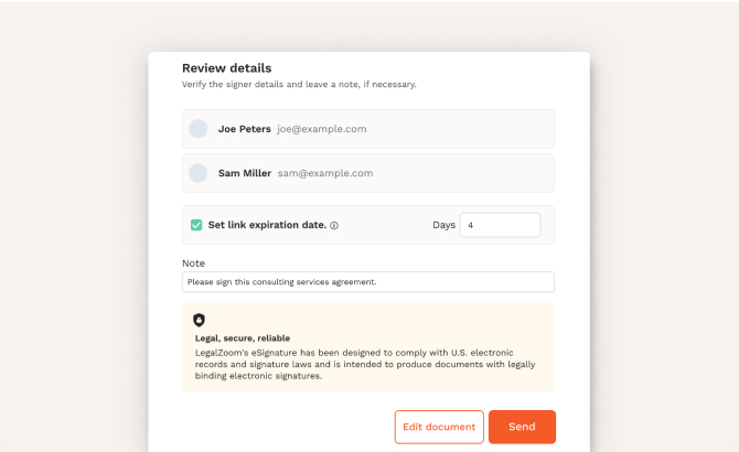 An app screenshot of LegalZoom's secure electronic signature software. It displays how to easily create an online signature from a desktop or mobile device. E-signatures allow you to sign documents from anywhere.